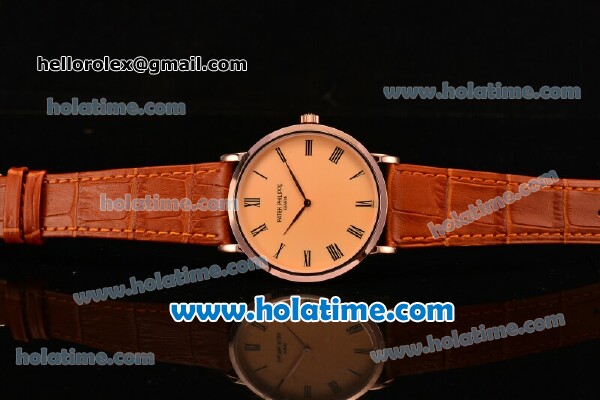 Patek Philippe Calatrava Miyota OS2035 Quartz Rose Gold Case with Roman Numeral Markers Champagne Dial and Brown Leather Strap - Click Image to Close